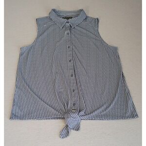 Adrienne Pappell Blue with White Polka Dots Sleeveless Tie Blouse Sz Med Casual